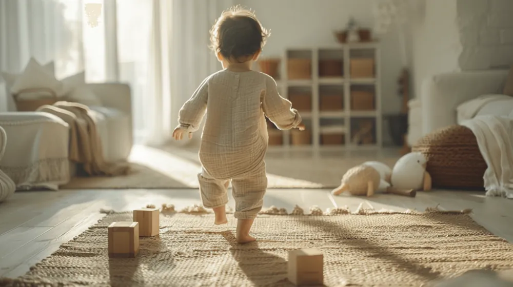 Un niño camina descalzo entre bloques de madera.