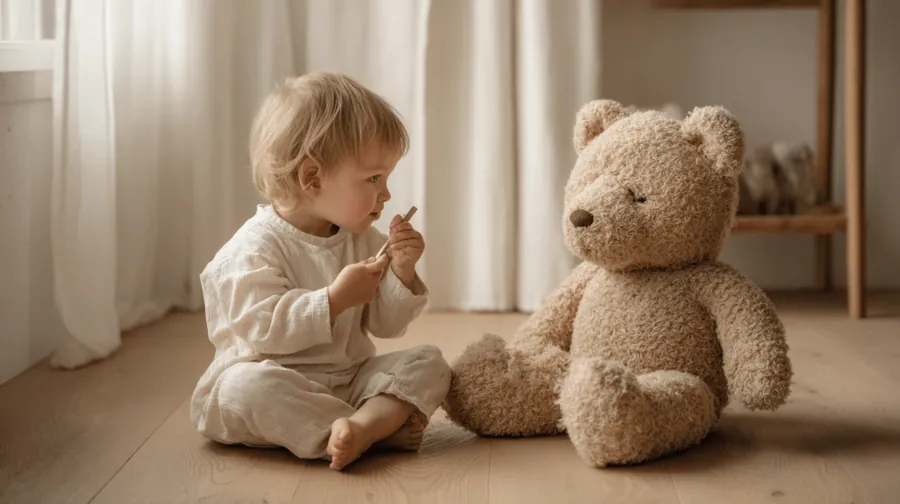 Un niño da de comer a su oso de peluche con una cuchara.