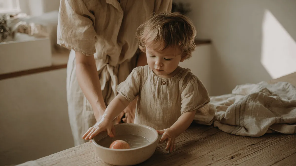 You wash a piece of fruit in a bowl of water, then they copy you: dip it, rub it and dry it.