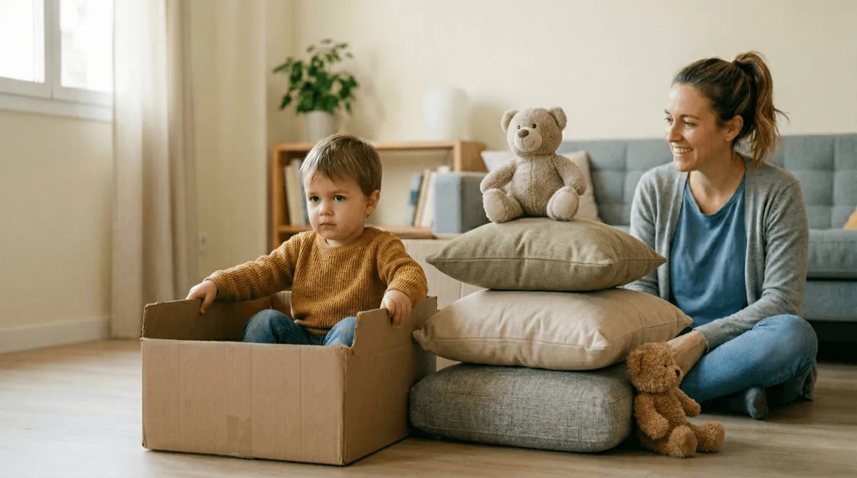 You turn a row of boxes into a train that travels to made-up stops around the house.