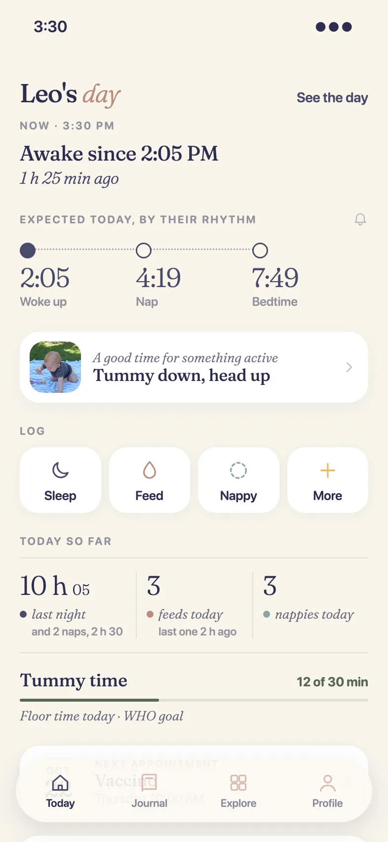 PapaKoala's Today screen with Leo's day: when he woke up, his expected naps, feeds and nappies.