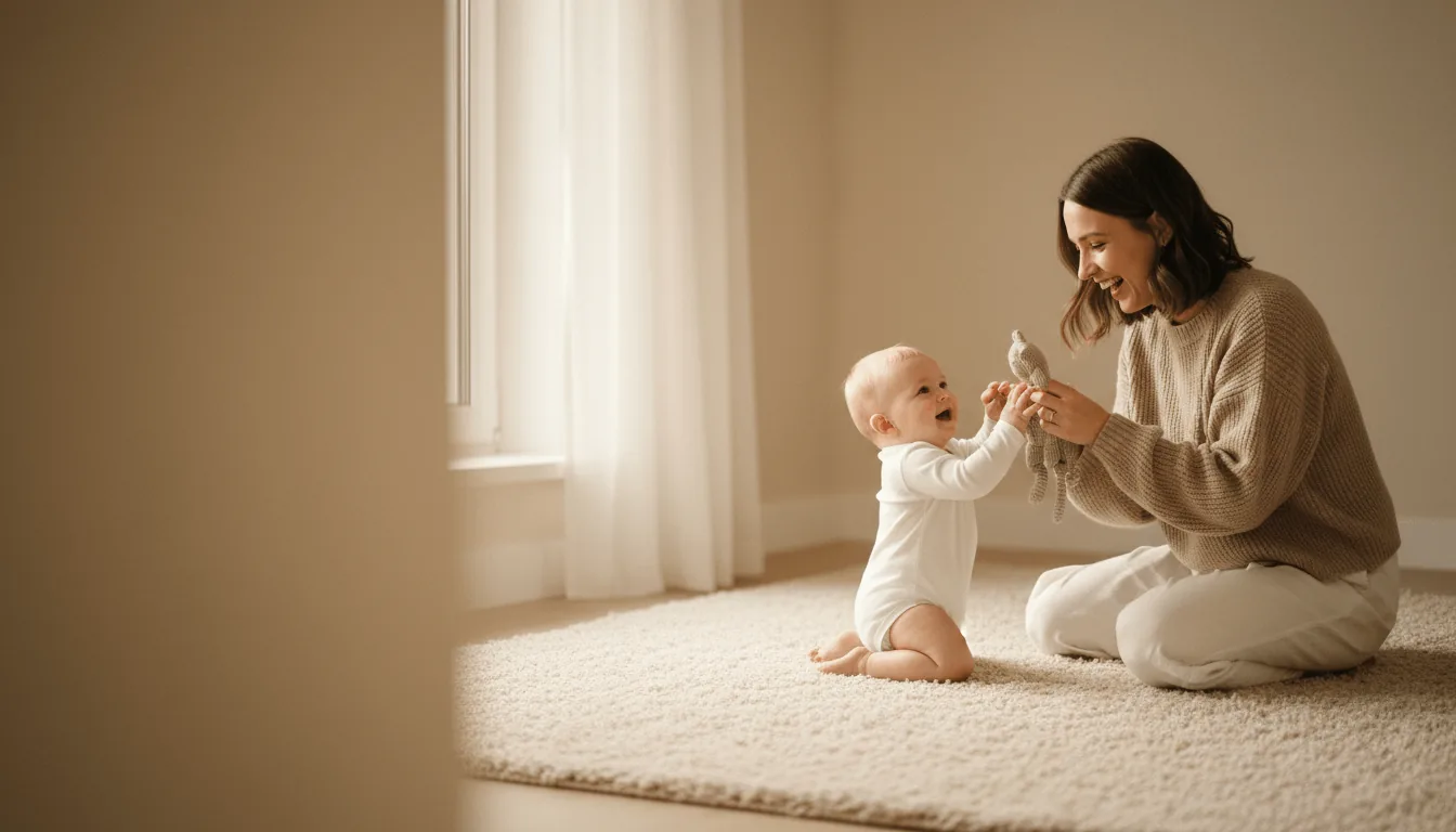 Una madre juega en el suelo con su bebé, junto a una ventana.