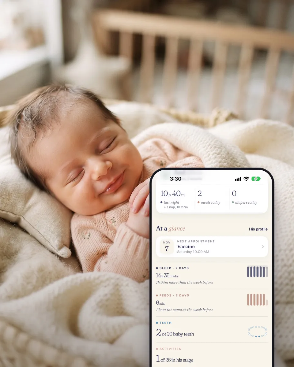 A baby asleep in a basket, next to “At a glance” with their week of sleep and feeds.