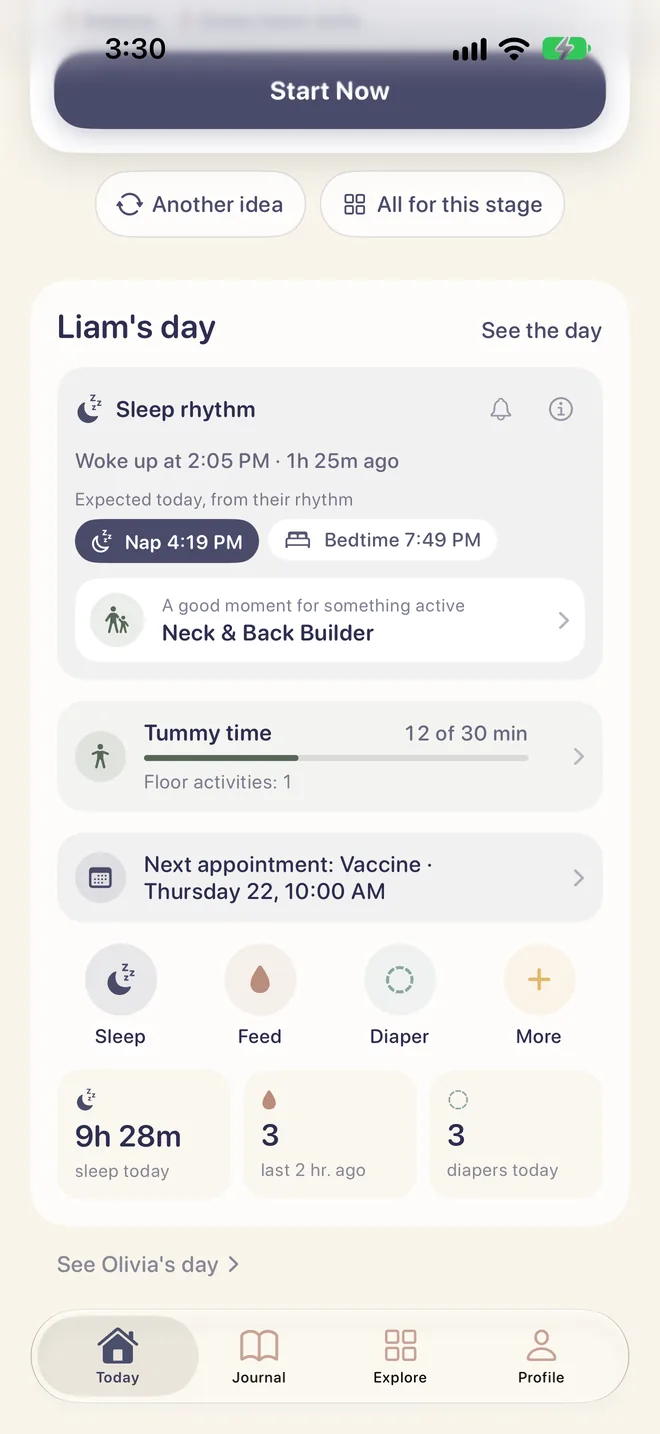 “Sleep rhythm” card with the next nap and bedtime expected.