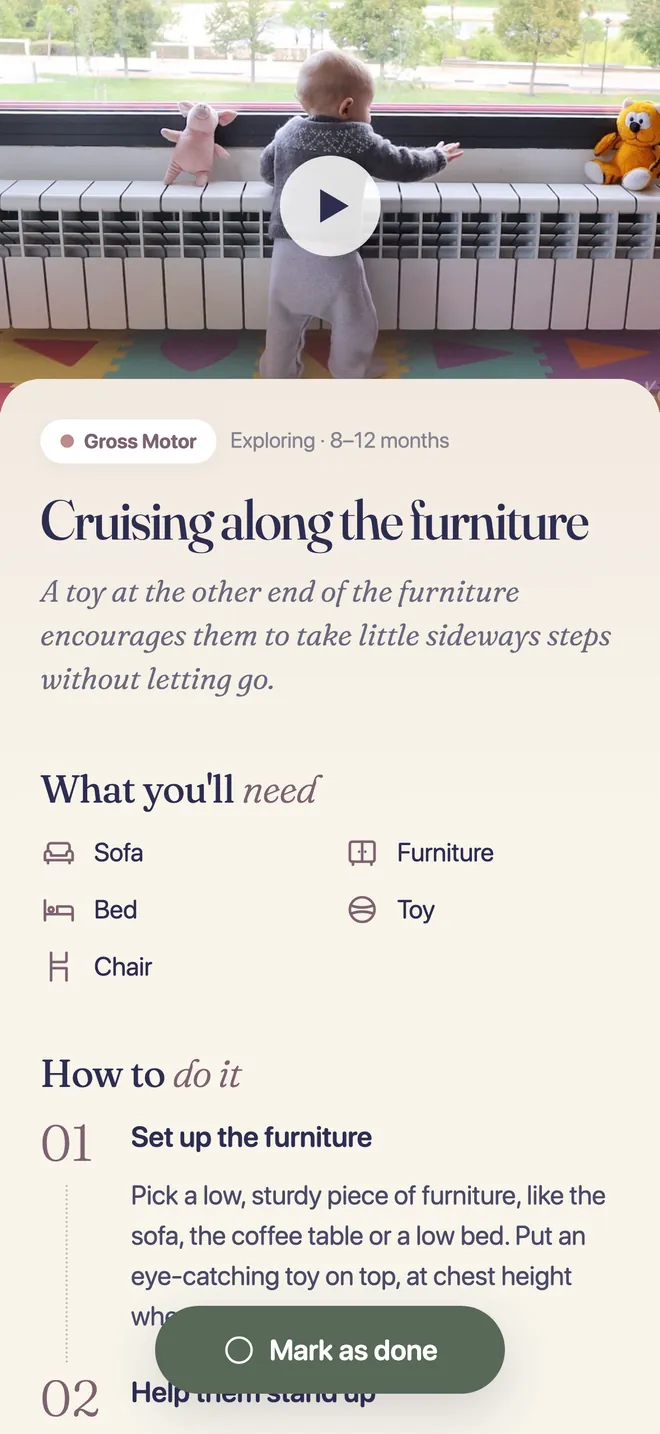 The “Cruising along the furniture” activity with what you'll need and its steps.