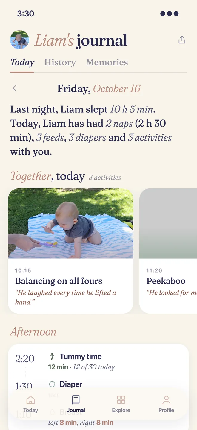 Today's journal with sleep, feeds, diapers and activities.