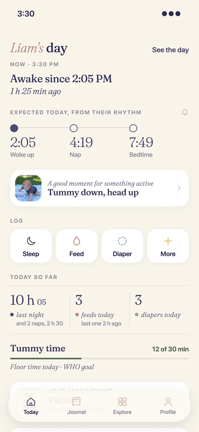 “Liam's day” with the nap and bedtime expected from his rhythm.