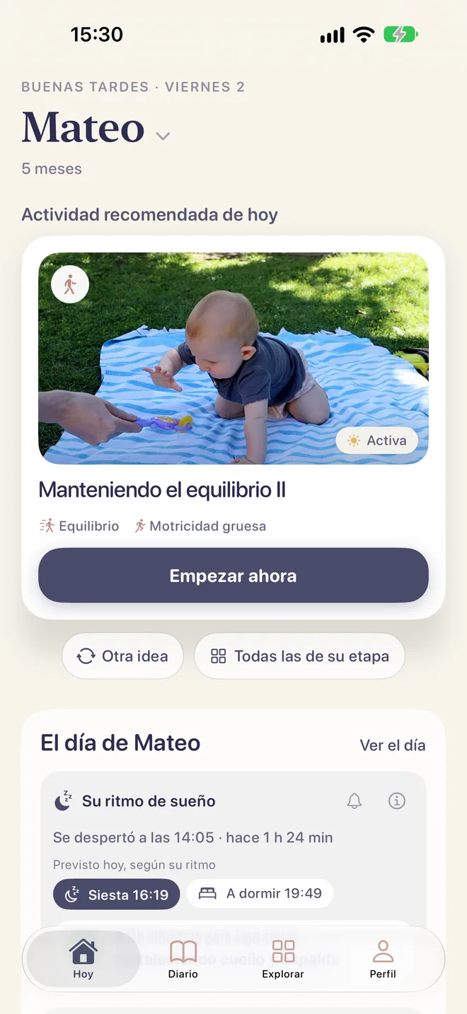 Pantalla Hoy de PapaKoala con la actividad recomendada.