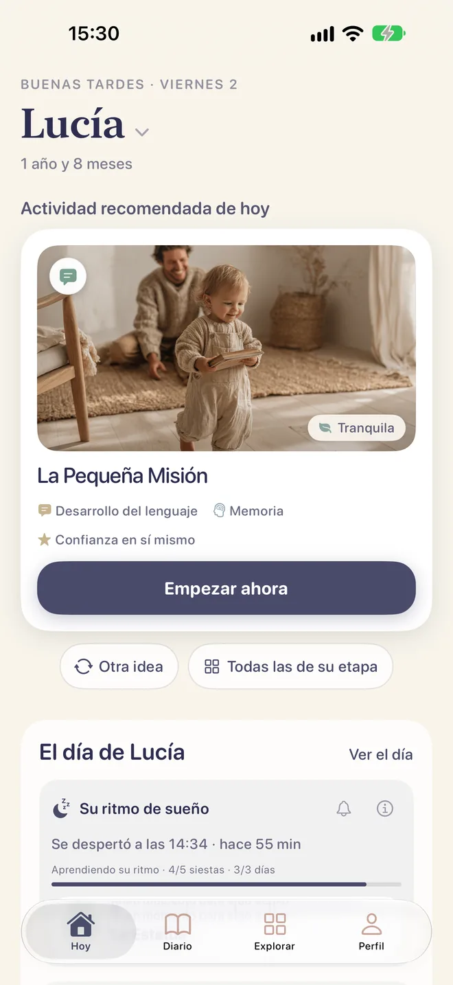 Pantalla Hoy de Lucía, la hermana mayor, con su actividad recomendada.