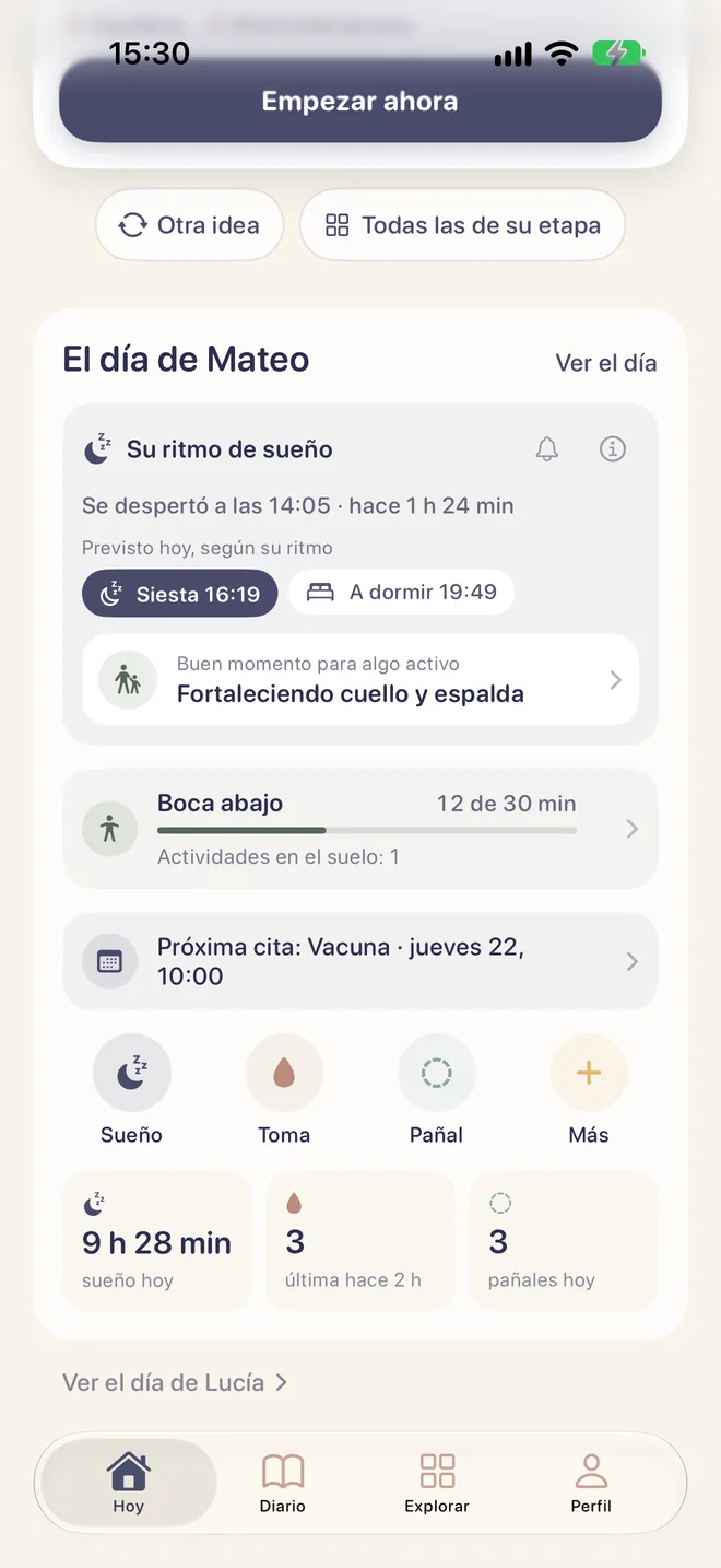 Tarjeta «Su ritmo de sueño» con la próxima siesta y la hora de dormir previstas.