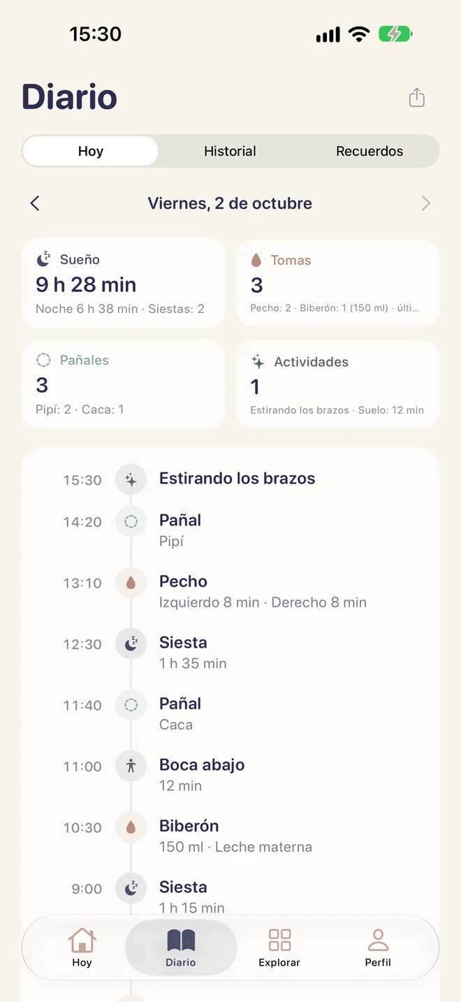 Diario de hoy con sueño, tomas, pañales y actividades.