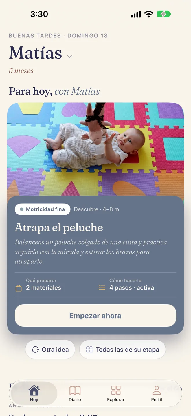 Pantalla Hoy de PapaKoala con la actividad recomendada.