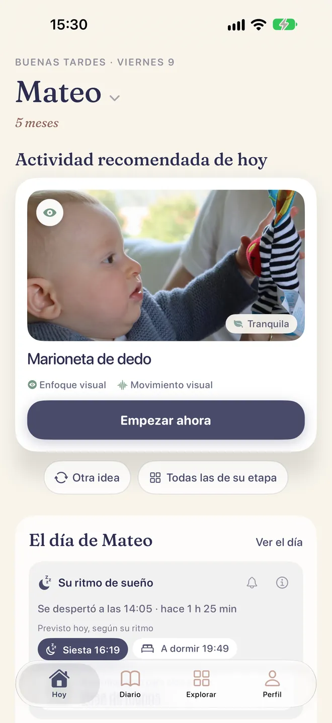 Pantalla Hoy de PapaKoala con la actividad recomendada.