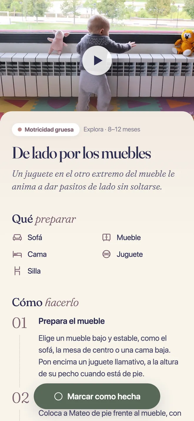Actividad «De lado por los muebles» con lo que hay que preparar y sus pasos.