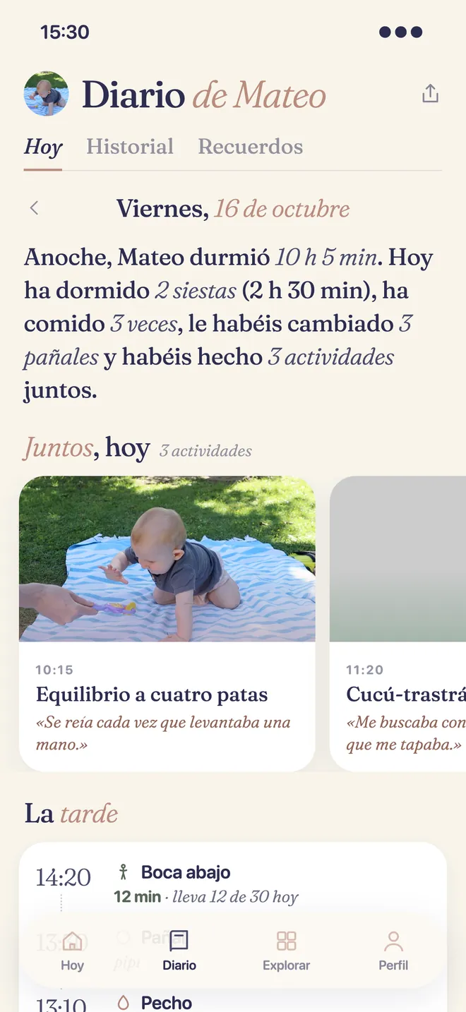 Diario de hoy con sueño, tomas, pañales y actividades.