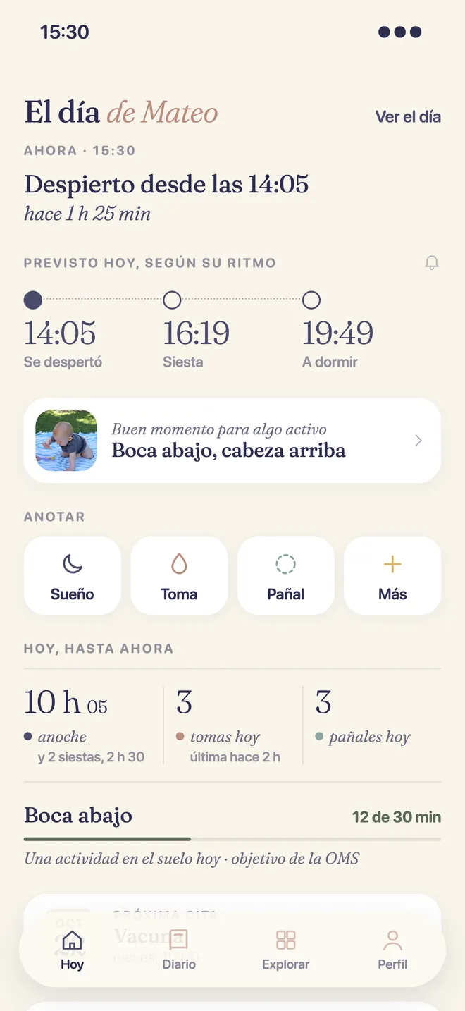 «El día de Mateo» con la siesta y la hora de dormir previstas según su ritmo.