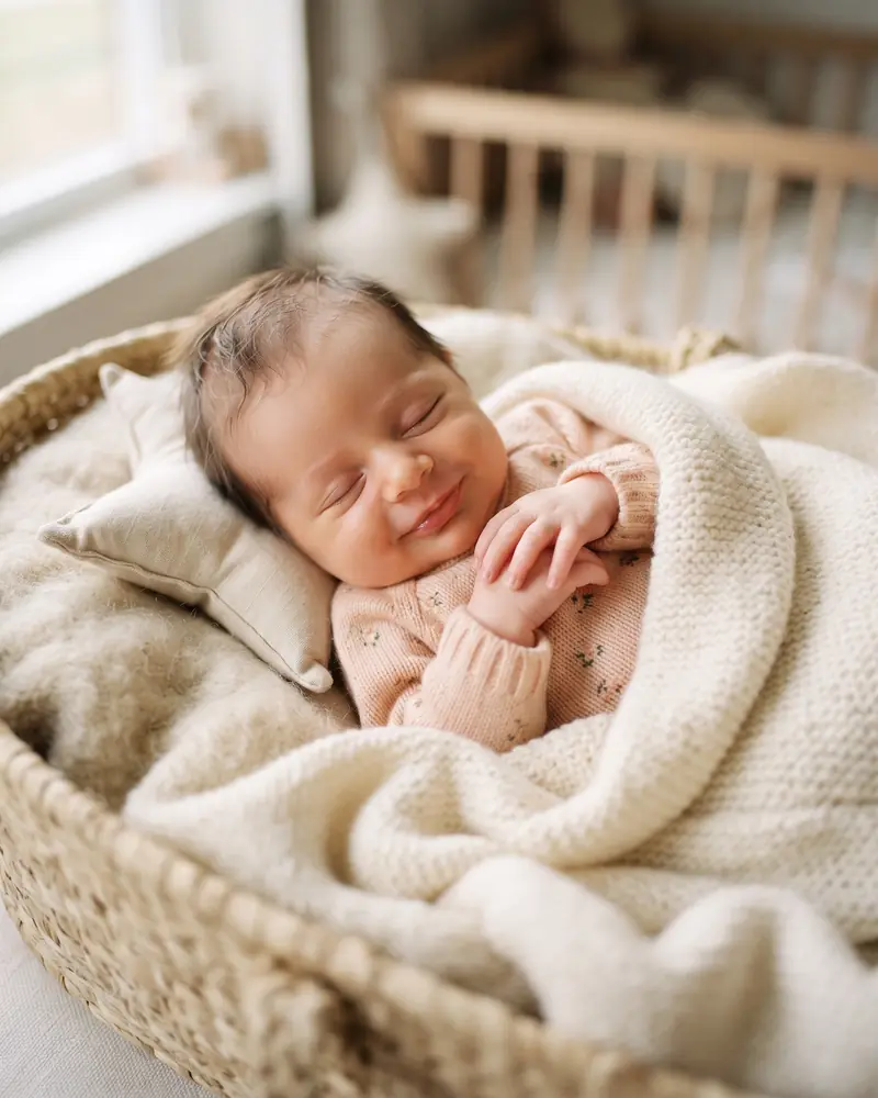 Un bebé duerme tapado con una manta dentro de una cesta.