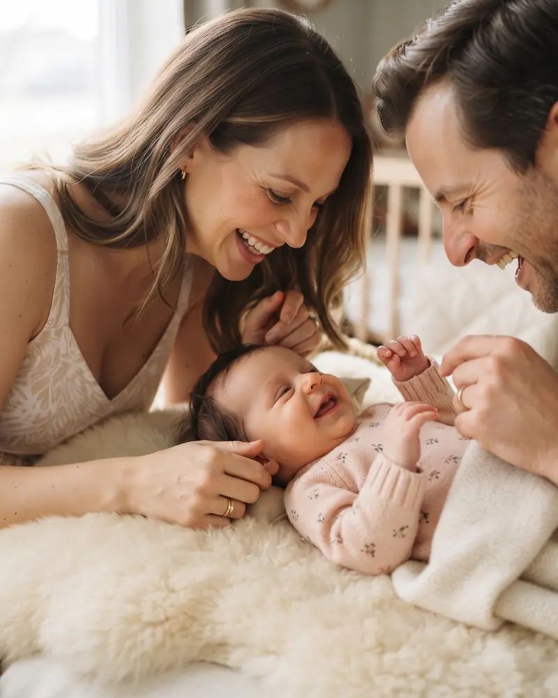 Una madre y un padre sonríen a su bebé, tumbado entre los dos.